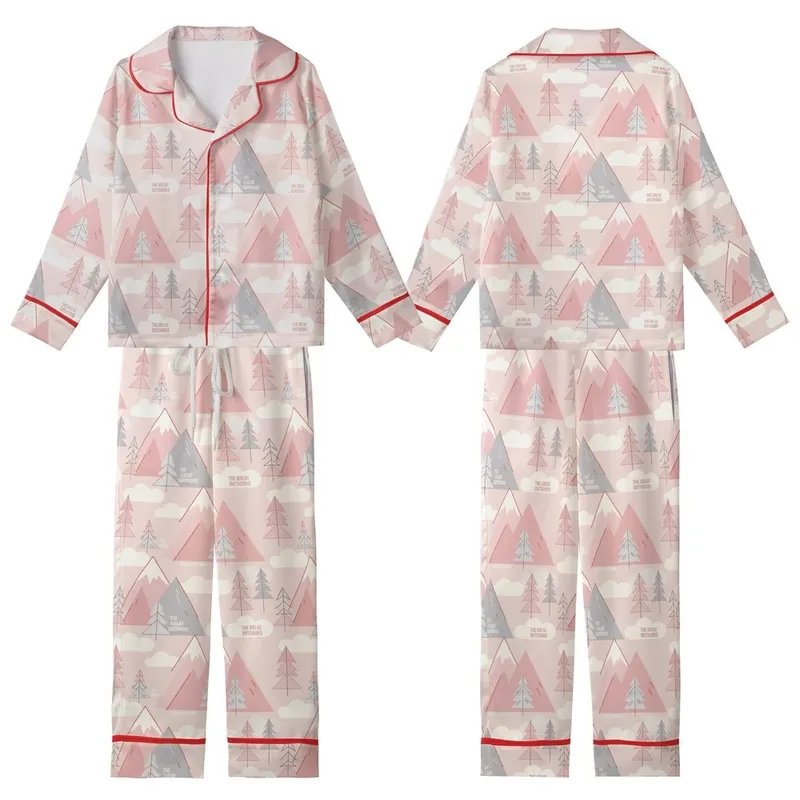 Nature Lover's Soft Pink Gray Minimalist Mountain & Pine Pattern, 'THE GREAT OUTDOORS' Text Top Kid Satin Pajamas Set - 1