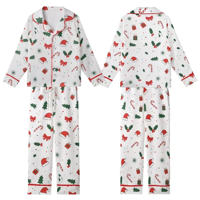 Festive Joy Collection: Whimsical Holly, Candy Cane & Santa Hat Design - Seasonal Wearable Item Kid Satin Pajamas Set - VlMKFV3h8C