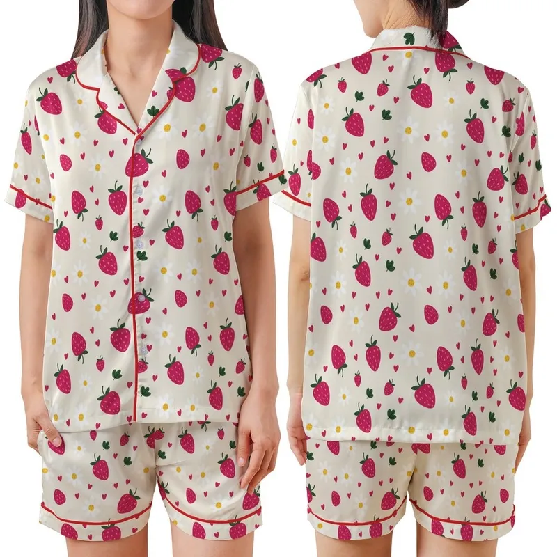 Playful Spirit's Fuchsia Strawberry Daisy Heart Motif on Cream Wearable Design Satin Short-Sleeve Pajamas Set - 1