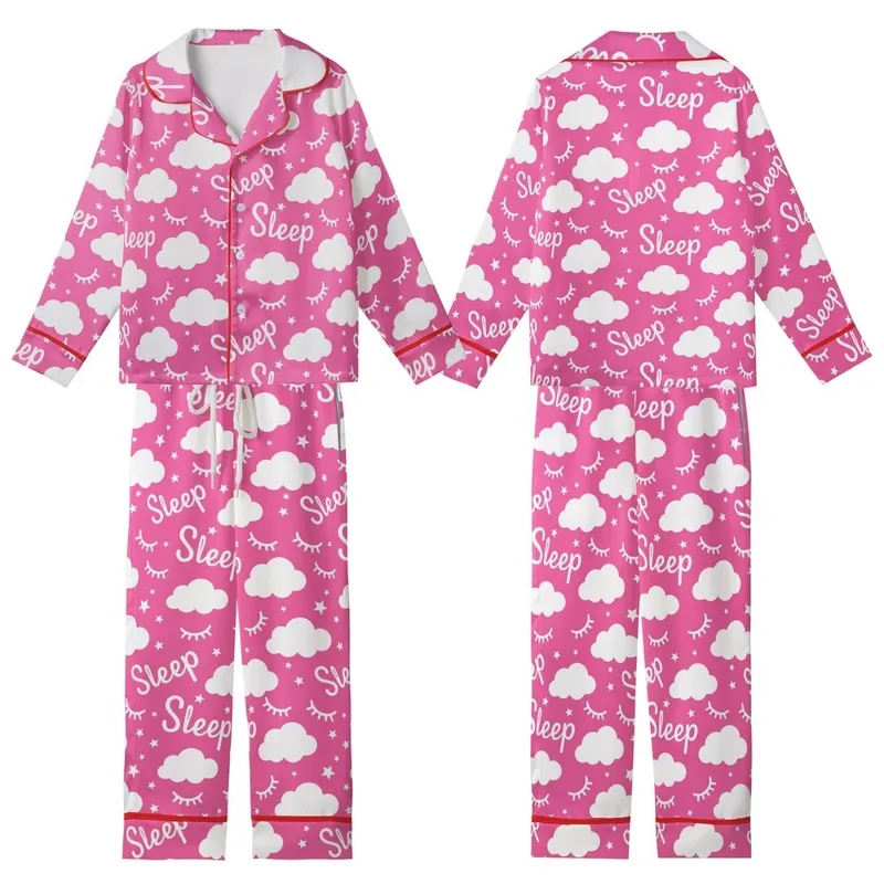 Cozy Dreamer's Hot Pink White Whimsical Sleep Eyelashes Star Cloud Pattern Sleep Set Kid Satin Pajamas Set - 1