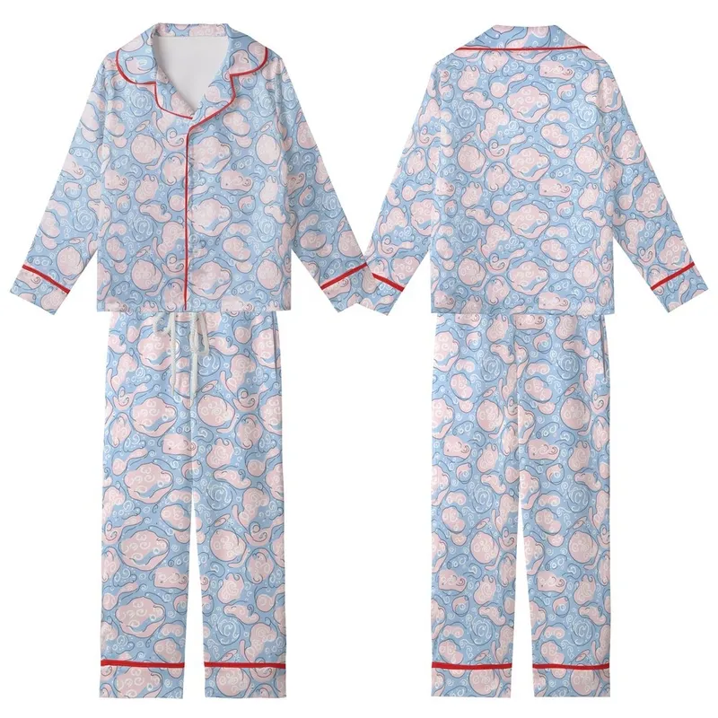 Serene Organic Swirls: Pale Sky Blue Muted Pink Paisley Dots Custom Design Kid Satin Pajamas Set - 1