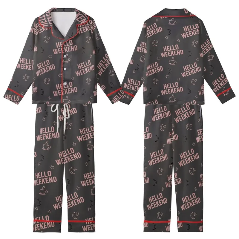 Weekend Lover's HELLO WEEKEND Repeating Pattern: Dusky Rose & Black Coffee Moon Star Wearable Item Kid Satin Pajamas Set - 1