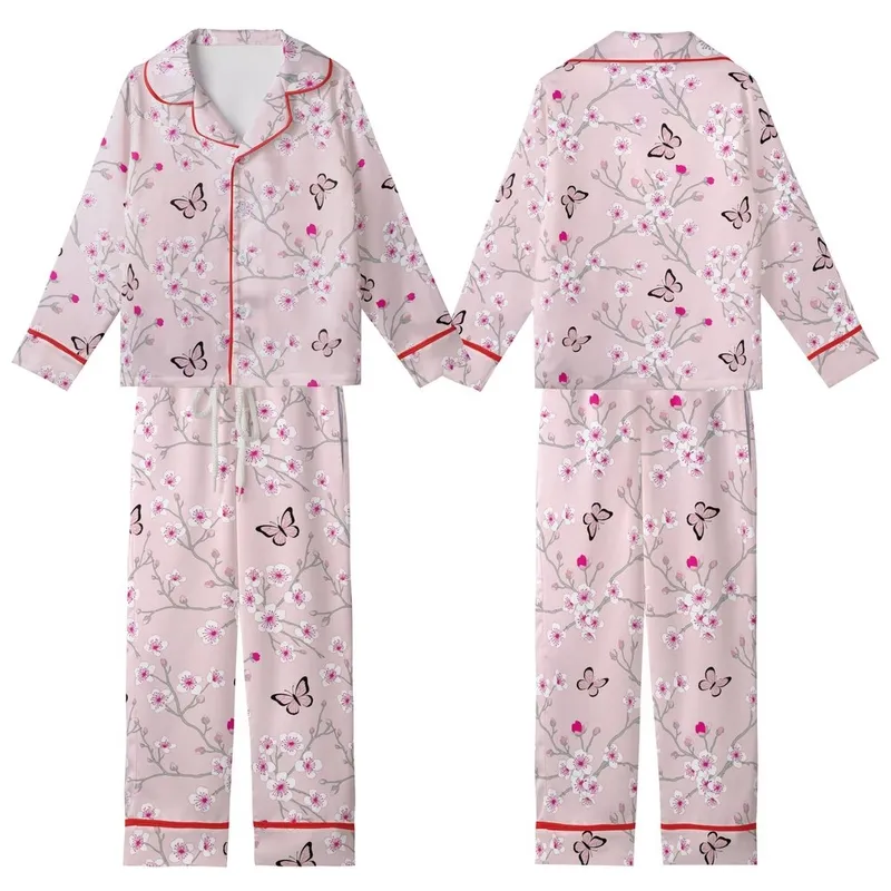 Cherry Blossom Butterfly Delicate White Pink Fuchsia Floral Scatter Design Kid Satin Pajamas Set - 1