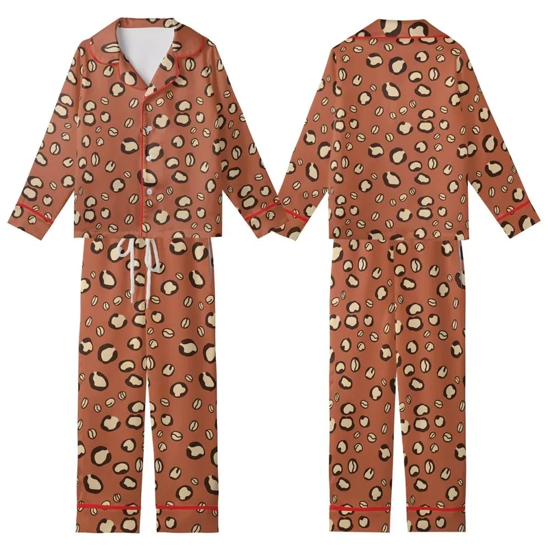 Coffee Lover Chic: Warm Russet Leopard Spot & Coffee Bean Design - Tan Beige Wearable Kid Satin Pajamas Set - 1