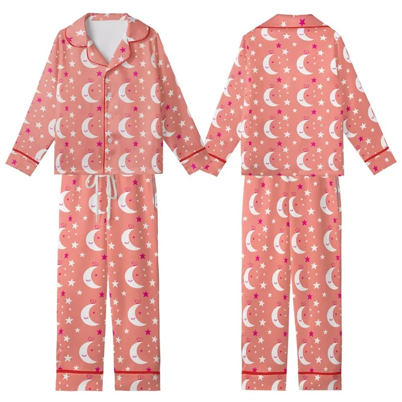 Dreamy Celestial: White Moon & Fuchsia Eyelash Star Motif on Soft Coral Pink Garment Kid Satin Pajamas Set - 1