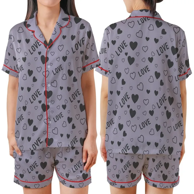 Love-Inspired Muted Lavender Hearts Pattern: Scattered Charcoal Outline Design Satin Short-Sleeve Pajamas Set - 1