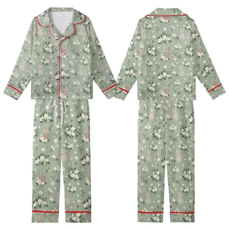 Whimsical Vintage Garden Rabbits: Ditsy Cream Wildflower Sage Pattern - Charming Decor Element Kid Satin Pajamas Set - 1
