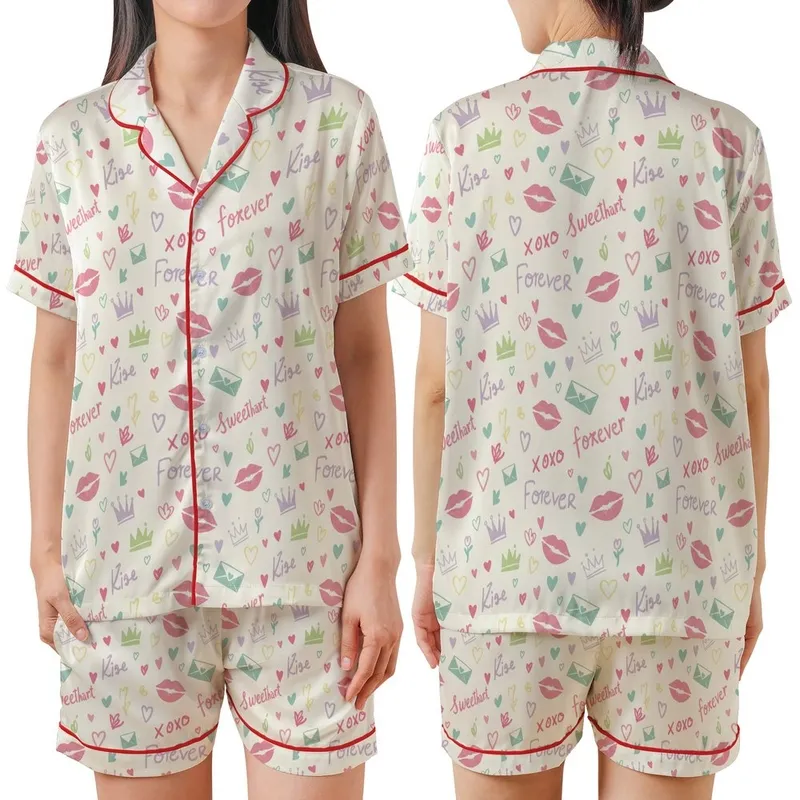 Sweetheart Charm Pastel Doodle Kisses, Crowns & Love Hearts Satin Short-Sleeve Pajamas Set - 1