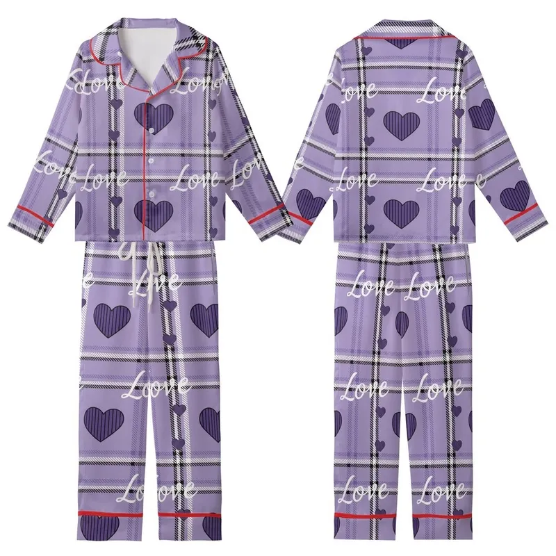 Romantic Lavender Black White Tartan Plaid Script Love Hearts Pattern Design Kid Satin Pajamas Set - 1