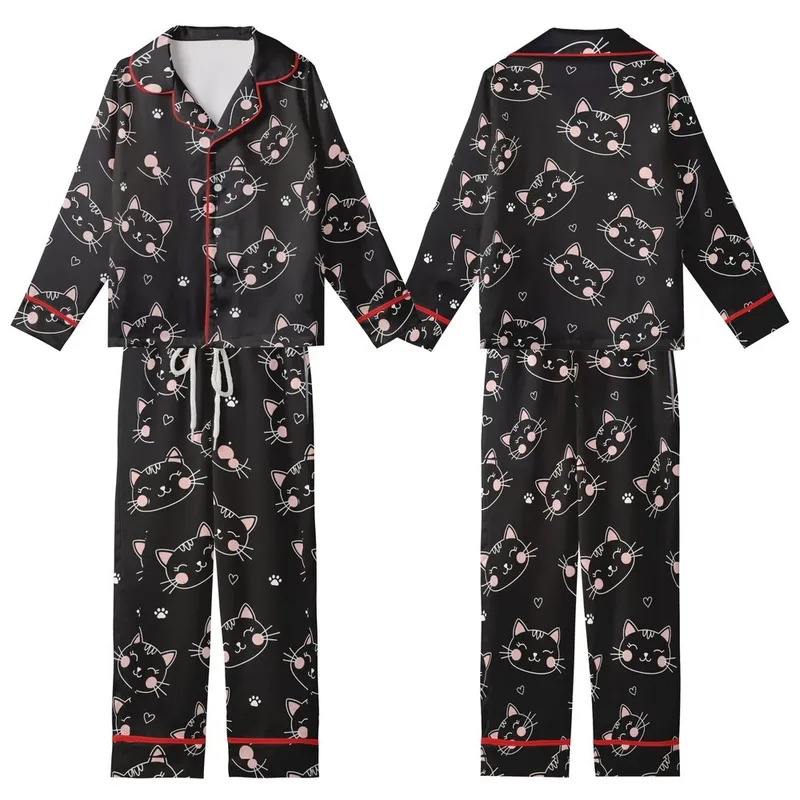 Cute Minimalist Winking Cat Faces with Hearts & Paw Prints Pattern Kid Satin Pajamas Set - yIWNwi5pC-
