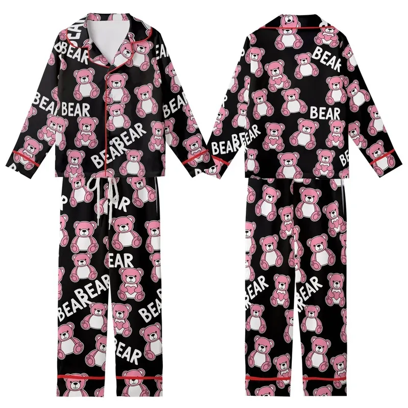 Whimsical Bear Lover Pink Cartoon Teddy Bear & 'BEAR' Text Heart Design Kid Satin Pajamas Set - 1