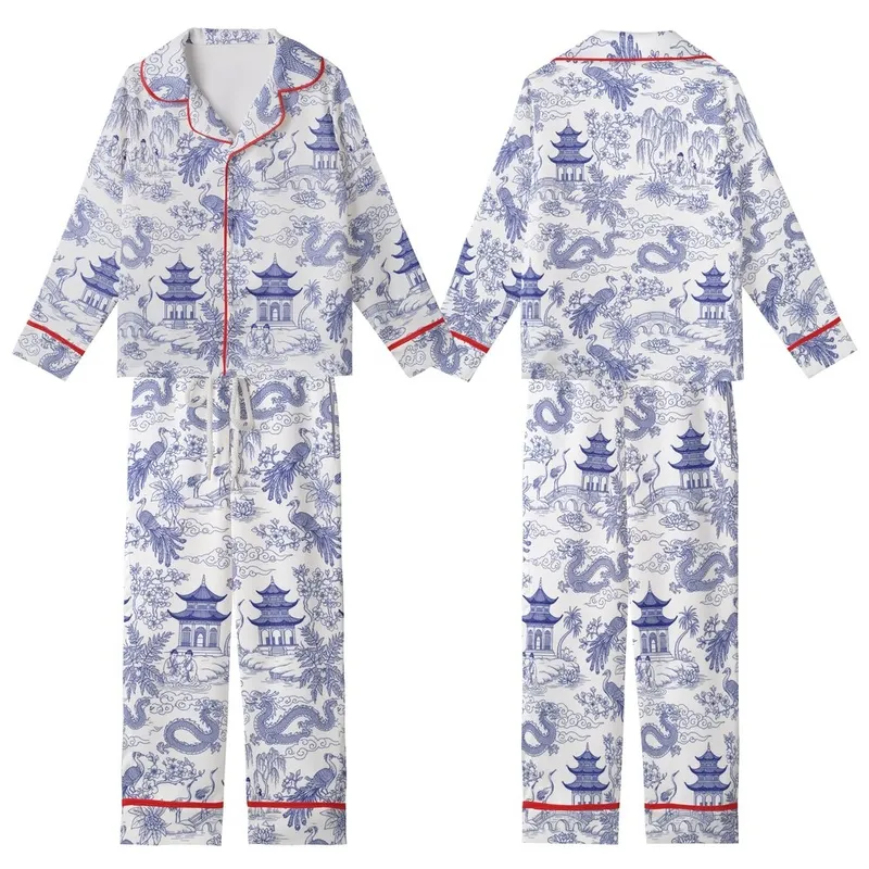 Chinoiserie Chic: Cobalt Blue Toile de Jouy Dragon Phoenix Crane Scenic Wearable Design Kid Satin Pajamas Set - 1