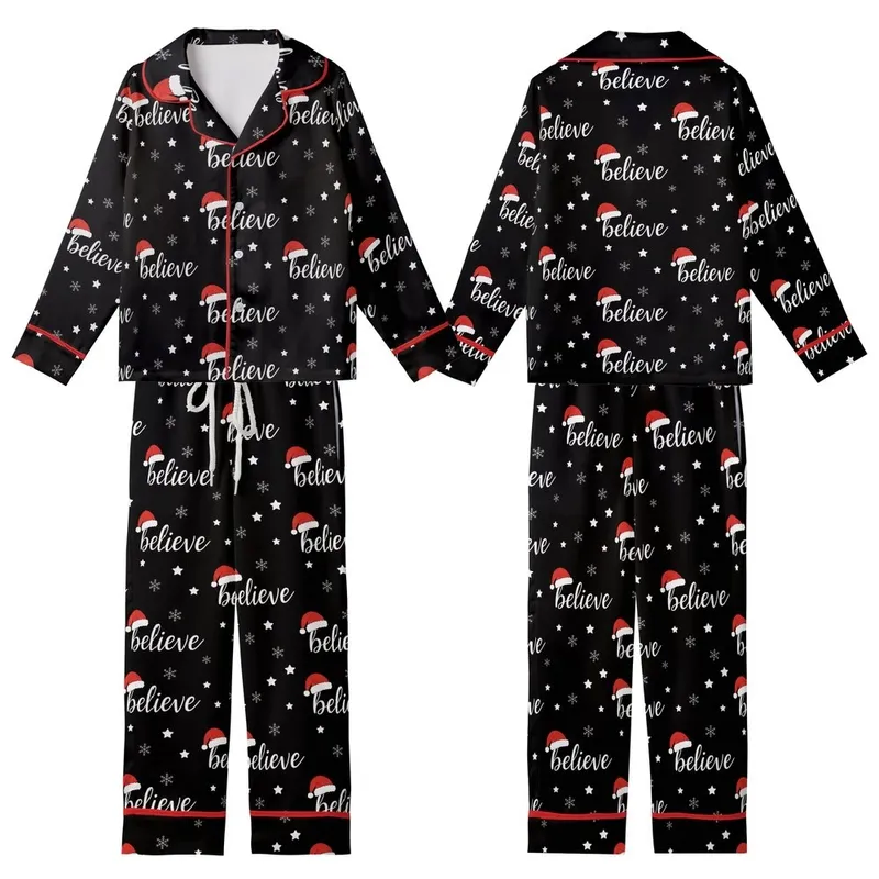 Festive Believer's Repeating White 'Believe' Script, Red Santa Hat, White Stars & Snowflakes Pattern Design Kid Satin Pajamas Set - 1