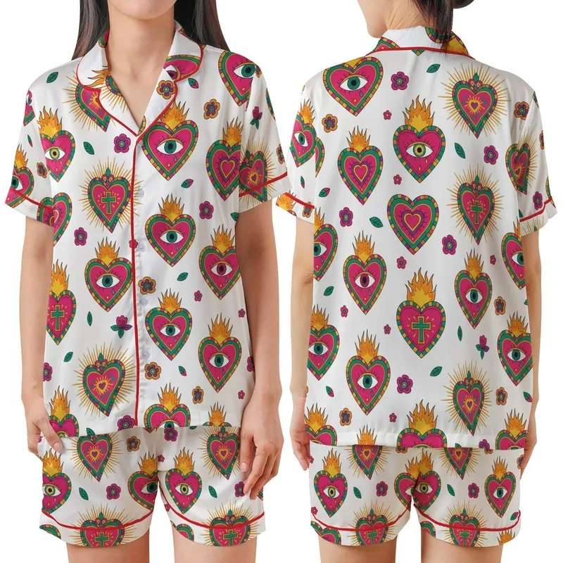 Vibrant Spirit's Fuchsia Orange Turquoise Sacred Hearts & Eye Folk Pattern Garment Satin Short-Sleeve Pajamas Set - 1
