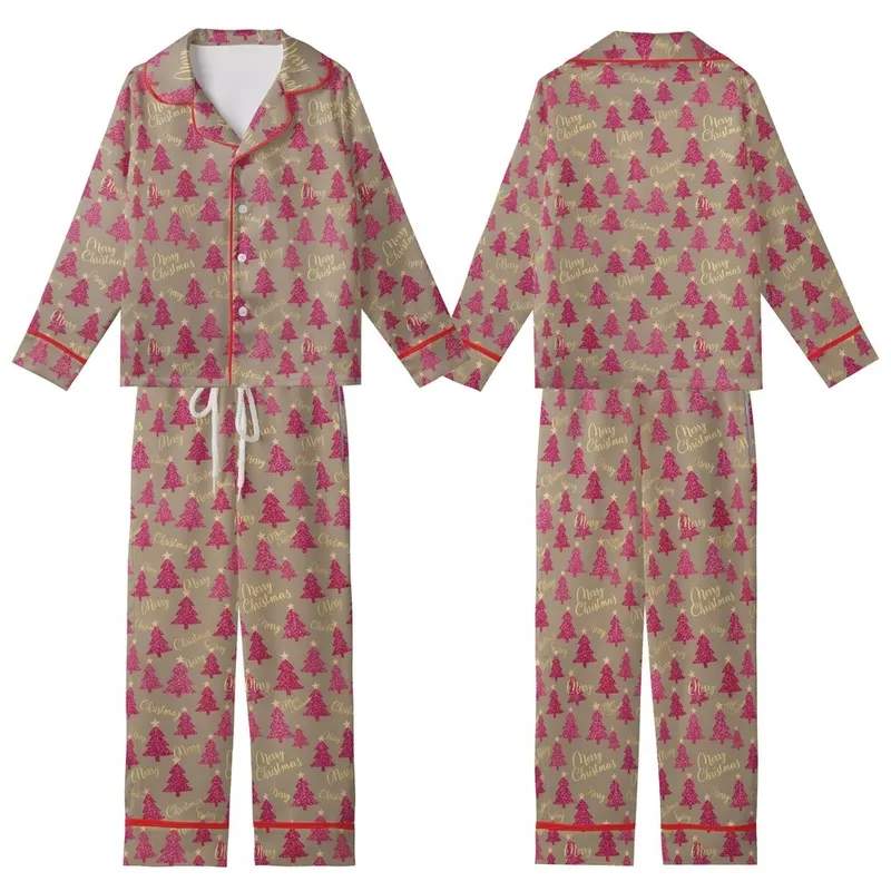 Chic Holiday Wearable: Pink Magenta Glittery Christmas Trees Gold Merry Christmas Script Kid Satin Pajamas Set - 1