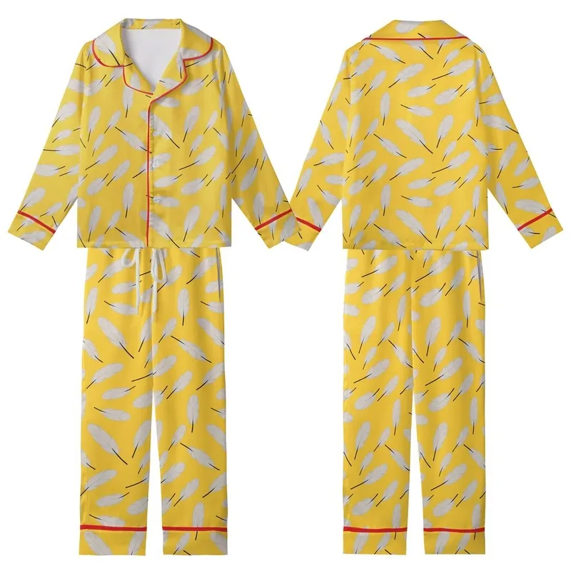 Playful Spirit: Light Warm Grey Feathers on Vibrant Yellow Wearable Kid Satin Pajamas Set - 1