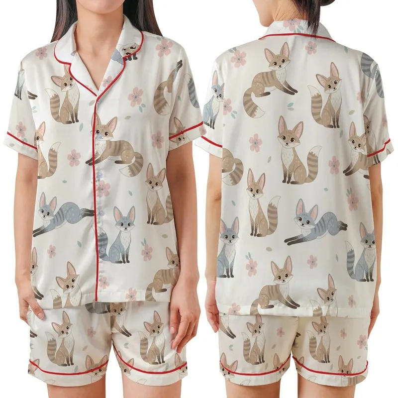 Whimsical Fox Lover's Playful Fennec Fox, Striped Fur, Pastel Cherry Blossom Designed Wear Satin Short-Sleeve Pajamas Set - 1