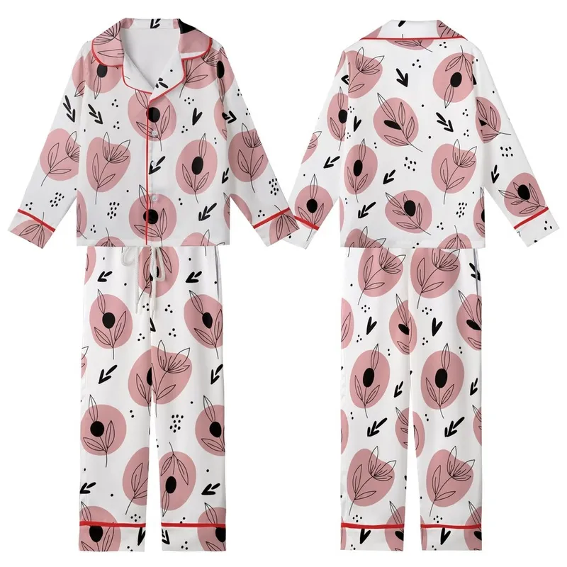 Women's Hand-Drawn Abstract Soft Pink Petal & Bold Black Botanical Outline Motif Kid Satin Pajamas Set - xAwJ_SGXWt