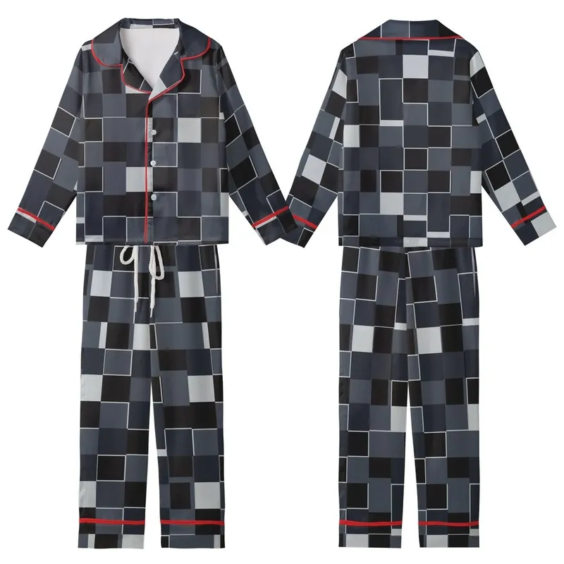 Contemporary Chic Interlocking Geometric Black Grey Abstract Pattern Designer Scarf Kid Satin Pajamas Set - 1