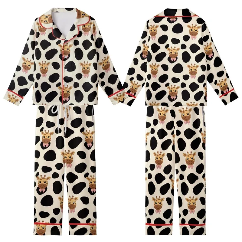Playful Giraffe Fan: Creamy Beige Black Spotted with Cheerful Wide-Eyed Pink Bow Giraffe Pattern Wear Kid Satin Pajamas Set - 1