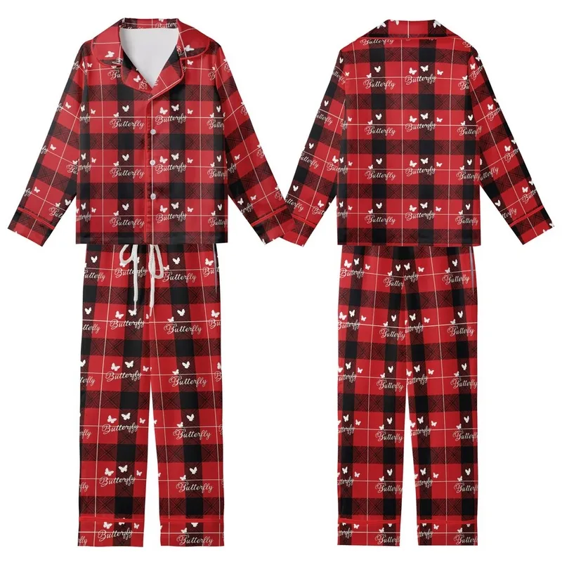 Butterfly Lover's Vibrant Red Black Scottish Tartan Plaid White Script Wearable Art Kid Satin Pajamas Set - 1