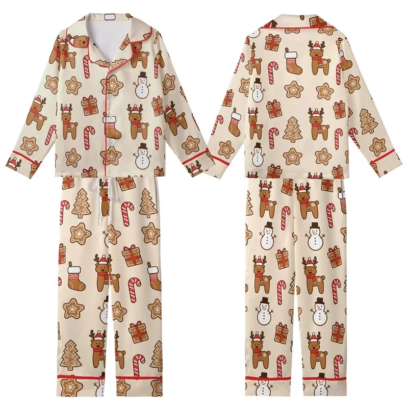 Christmas Enthusiast's Gingerbread Cookie Reindeer Tree Star Snowman Candy Cane Stocking Scatter Pattern Kid Satin Pajamas Set - _uvFlFi0Q-