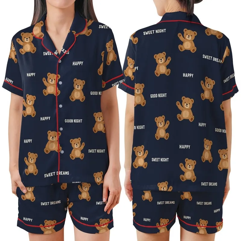 Sweet Dreams Lover: Playful Teddy Bear & Happy Text Pattern - Dark Navy Comfort Attire Satin Short-Sleeve Pajamas Set - 1