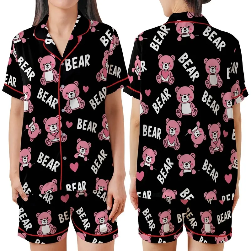 Whimsical Bear Lover Pink Cartoon Teddy Bear & 'BEAR' Text Heart Design Satin Short-Sleeve Pajamas Set - 1