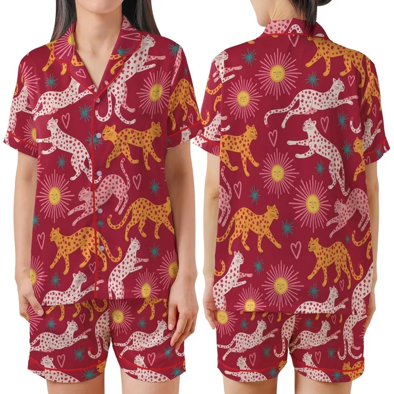 Whimsical Folk Art Leopard Design: Orange-Yellow & Pink Leopards, Crimson, Yellow Suns, Pink Hearts, Teal Starbursts Satin Short-Sleeve Pajamas Set - 1