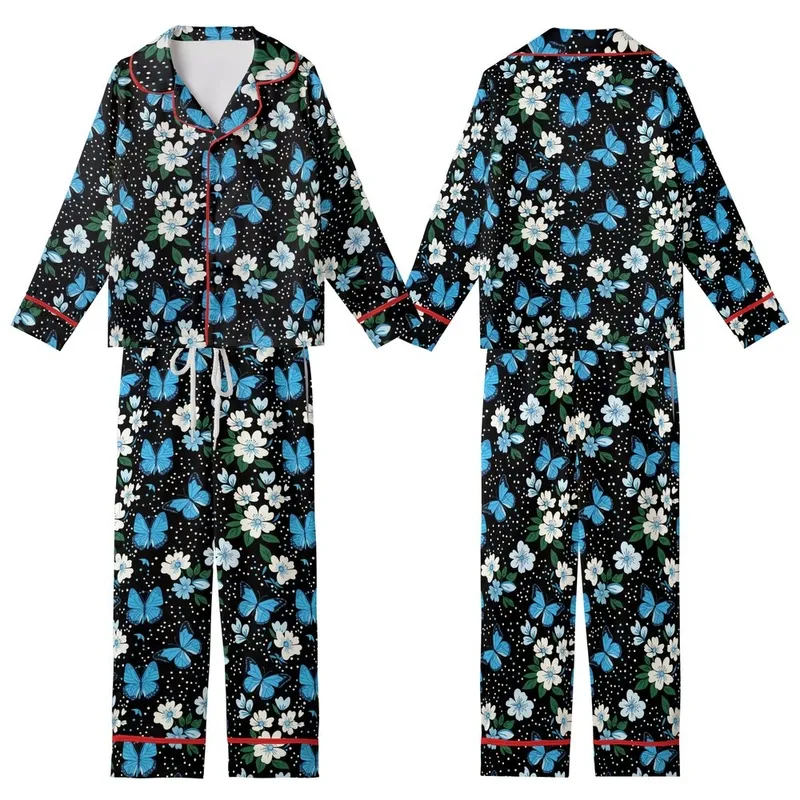 Nature Lover's Azure Indigo Butterfly White Blue Blossom Black Comfortwear Piece Kid Satin Pajamas Set - 1