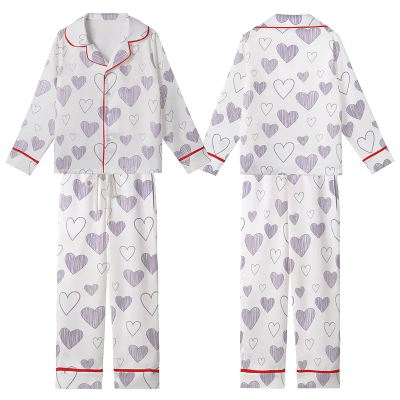 Gentle Soul Muted Lavender Striped Hand-Drawn Heart Comfort Wear Kid Satin Pajamas Set - 1yItPQDfly