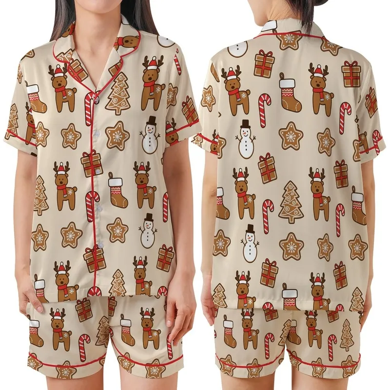 Christmas Enthusiast's Gingerbread Cookie Reindeer Tree Star Snowman Candy Cane Stocking Scatter Pattern Satin Short-Sleeve Pajamas Set - 8RWO_3CRGZ