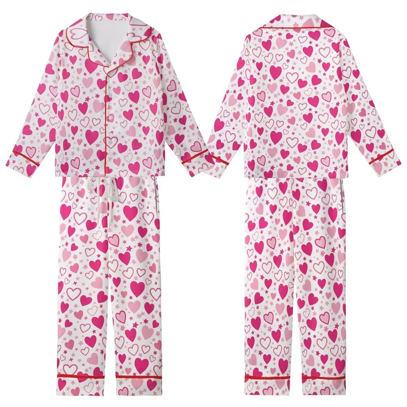Whimsical Dreamer's Fuchsia Bubblegum Pink Hearts & Stars Floating Pattern Kid Satin Pajamas Set - UNmNghu046