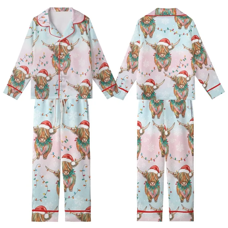 Festive Fluffy Highland Cow Calf: Whimsical Watercolor Art, Santa Hat, Teal Garland, Colorful String Lights & Snowflakes Design Kid Satin Pajamas Set - 1
