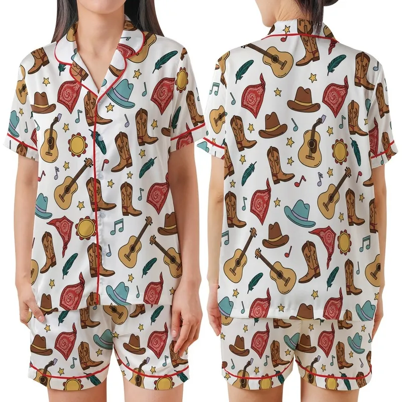 Western Spirit Whimsical Guitars Boots Stars Rustic Country Music Pattern Design Satin Short-Sleeve Pajamas Set - 1
