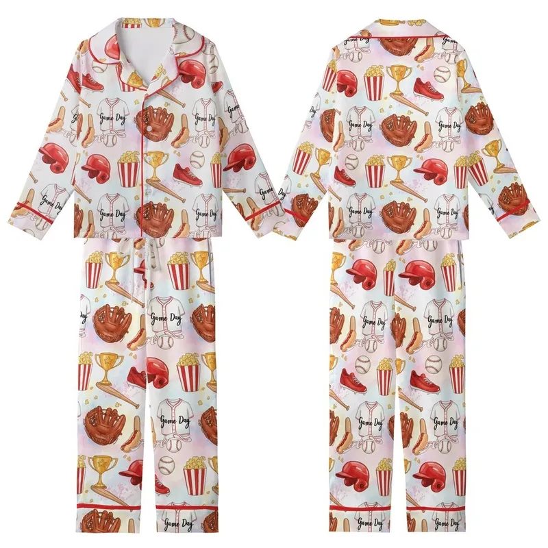 Baseball Fan Hand-Painted Watercolor Game Day Pattern: Gloves, Bats, Helmets, Trophies, Popcorn & Hotdogs Design Satin Short-Sleeve Pajamas Set - 1