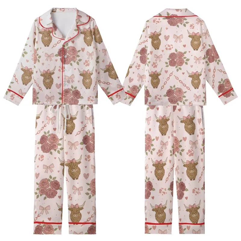 Fluffy Highland Cow Pastel Pink Rose Design with Leopard Hearts - Rustic Chic Wearable Art Kid Satin Pajamas Set - 1