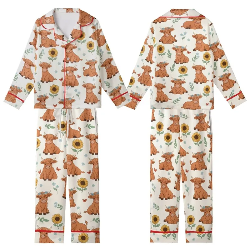 Fluffy Baby Highland Cow Flower Crown Sunflowers Whimsical Nature Wearable Art Kid Satin Pajamas Set - 1