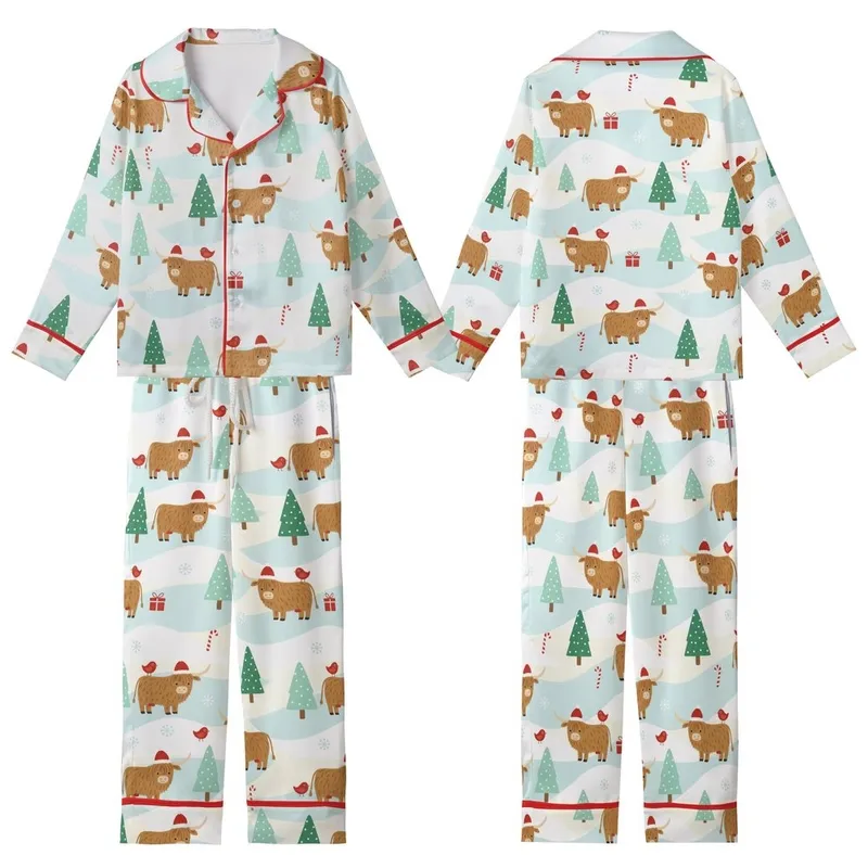 Cozy Holiday Loungewear: Whimsical Highland Cow Winter Wonderland, Snowy Hills & Santa Hats Kid Satin Pajamas Set - 1