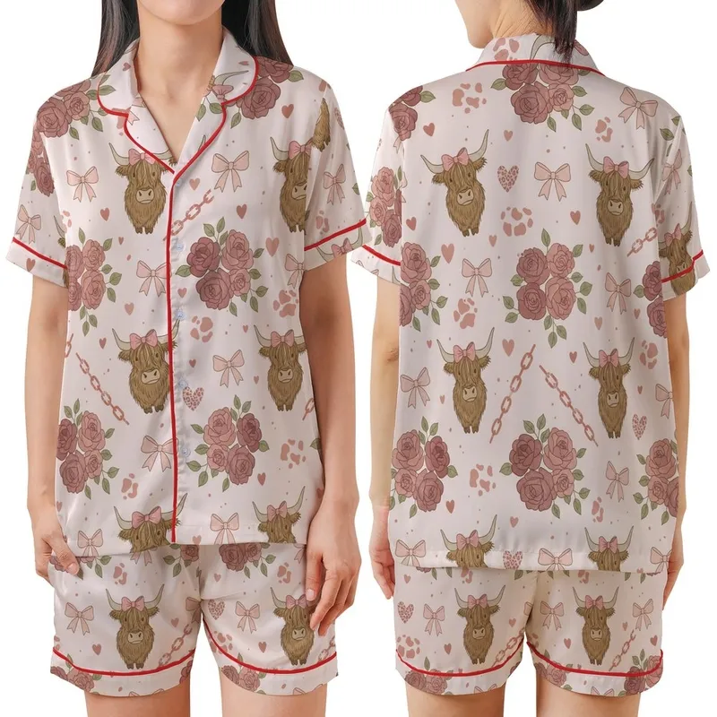 Fluffy Highland Cow Pastel Pink Rose Design with Leopard Hearts - Rustic Chic Wearable Art Satin Short-Sleeve Pajamas Set - 1