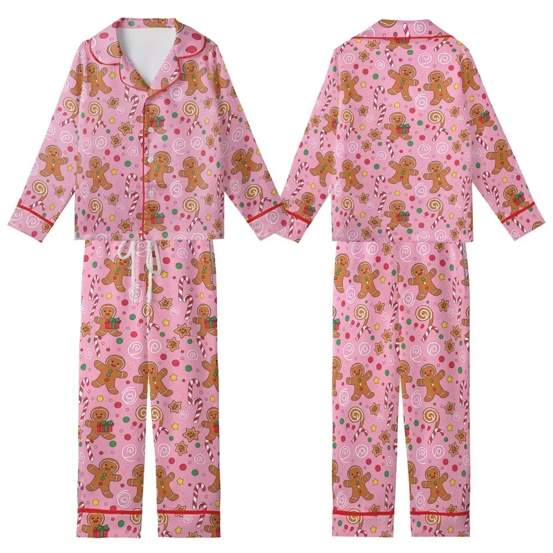 Whimsical Gingerbread Fun: Cheerful Characters, Candy Canes, Pink Gumdrop Swirls - Festive Item Kid Satin Pajamas Set - 7PdF9zfbnT