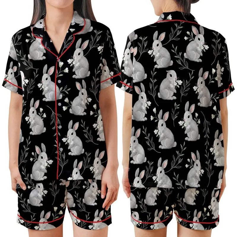 Rabbit Enthusiast's Hyperrealistic Fluffy Grey Bunnies White Flowers Black Foliage Design Satin Short-Sleeve Pajamas Set - 1