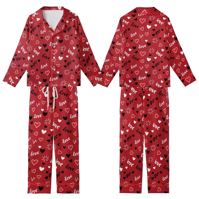 Affectionate Style: Vibrant Red Handwritten Love Hearts & Radiating Lines Statement Wear Kid Satin Pajamas Set - 1