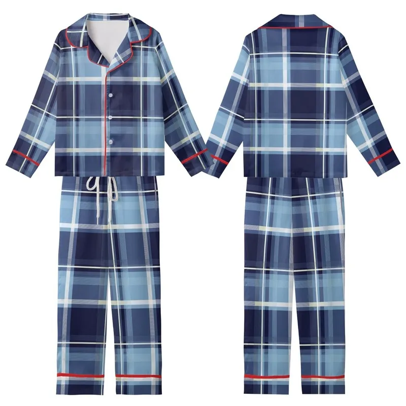 Modern Abstract Plaid: Dynamic Grid Navy Sky Blue Grey Seamless Design - Fashion Accent Kid Satin Pajamas Set - 1