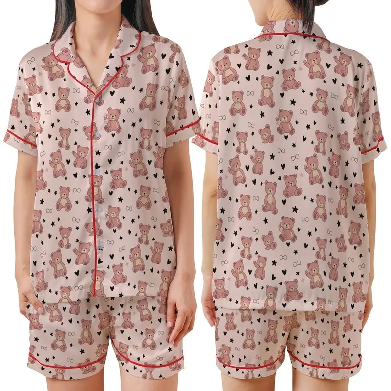 Sweetheart's Pale Pink Teddy Bear Heart Bow Star Scatter Design Cozy Wrap Satin Short-Sleeve Pajamas Set - 1