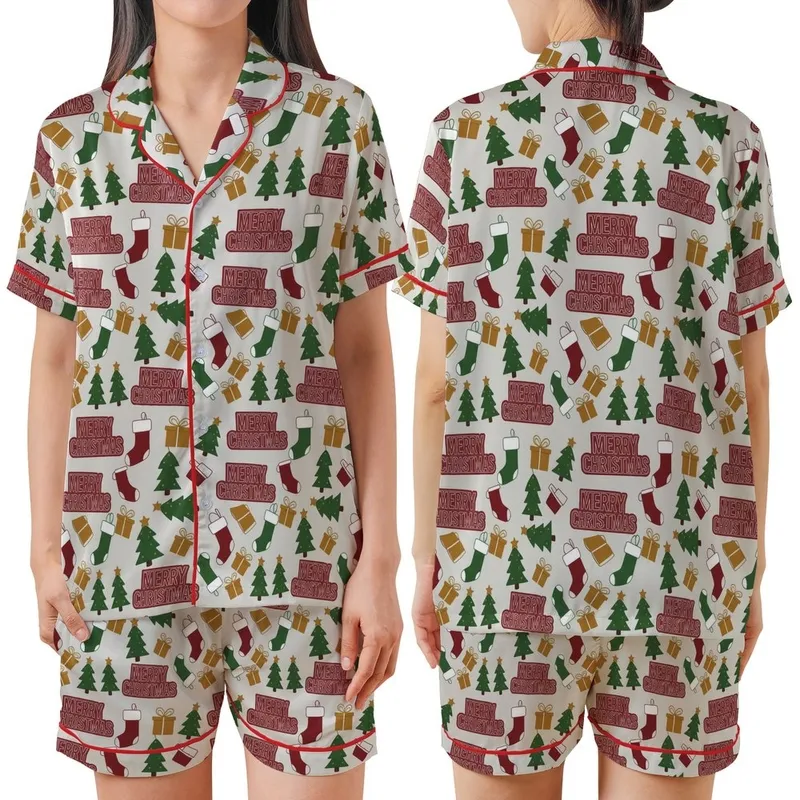 Festive Celebrator's Merry Christmas Text Tree Present Stocking All-Over Pattern Fabric Satin Short-Sleeve Pajamas Set - 1
