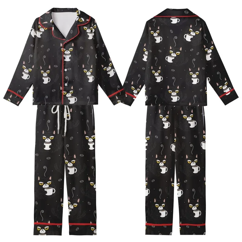 Cat Lover's Grumpy Shaggy Black Cat Coffee Mug Repeating Pattern – Humorous Wearable Art Kid Satin Pajamas Set - jcAFnVZnCl