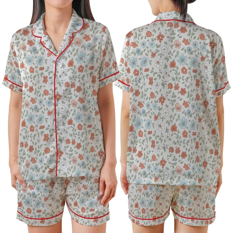 Delicate Floral Dream: Muted Terracotta Blue Pink Blossom & Vine Motif on Silver-Grey - Wearable Fabric Satin Short-Sleeve Pajamas Set - FRagvVv6sW