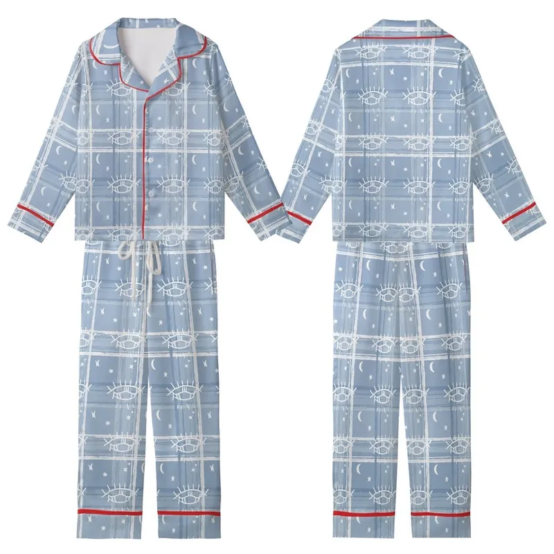 Celestial Dreamer's Stylized Closed Eye & Crescent Moon Design: Muted Dusty Blue Tartan Plaid Kid Satin Pajamas Set - 1
