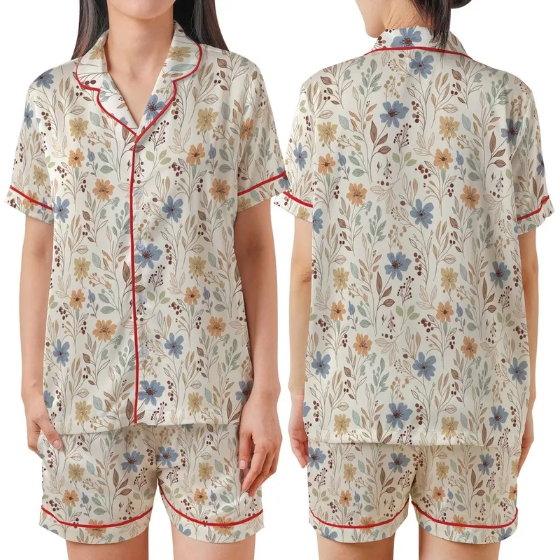 Vintage Botanical Creamy Muted Floral & Berry Hand-Drawn Design Satin Short-Sleeve Pajamas Set - 1